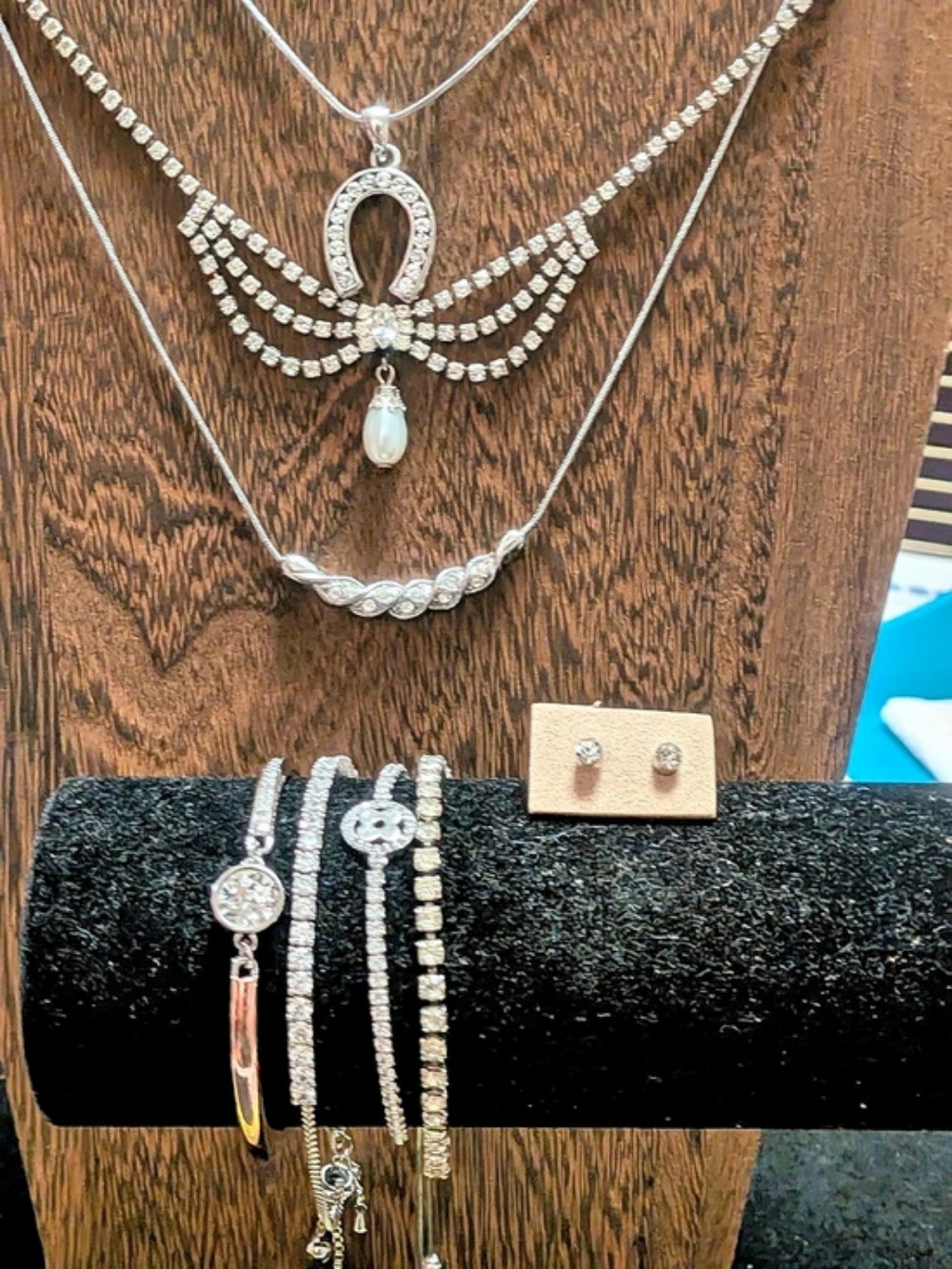 Vintage & Modern Silver Rhinestone bling Bracelets, Drop Pearl Necklace lot
